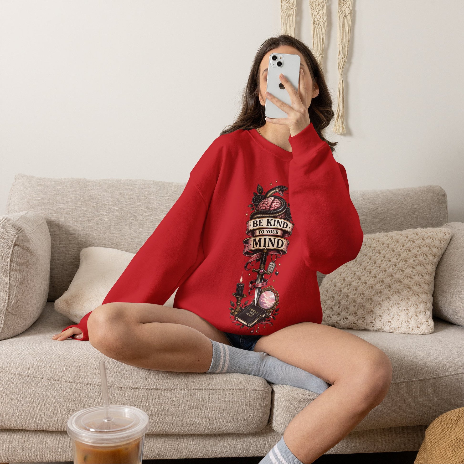 "Be Kind to Your Mind" Floral Tattoo Mental Health Design Crewneck Sweatshirt