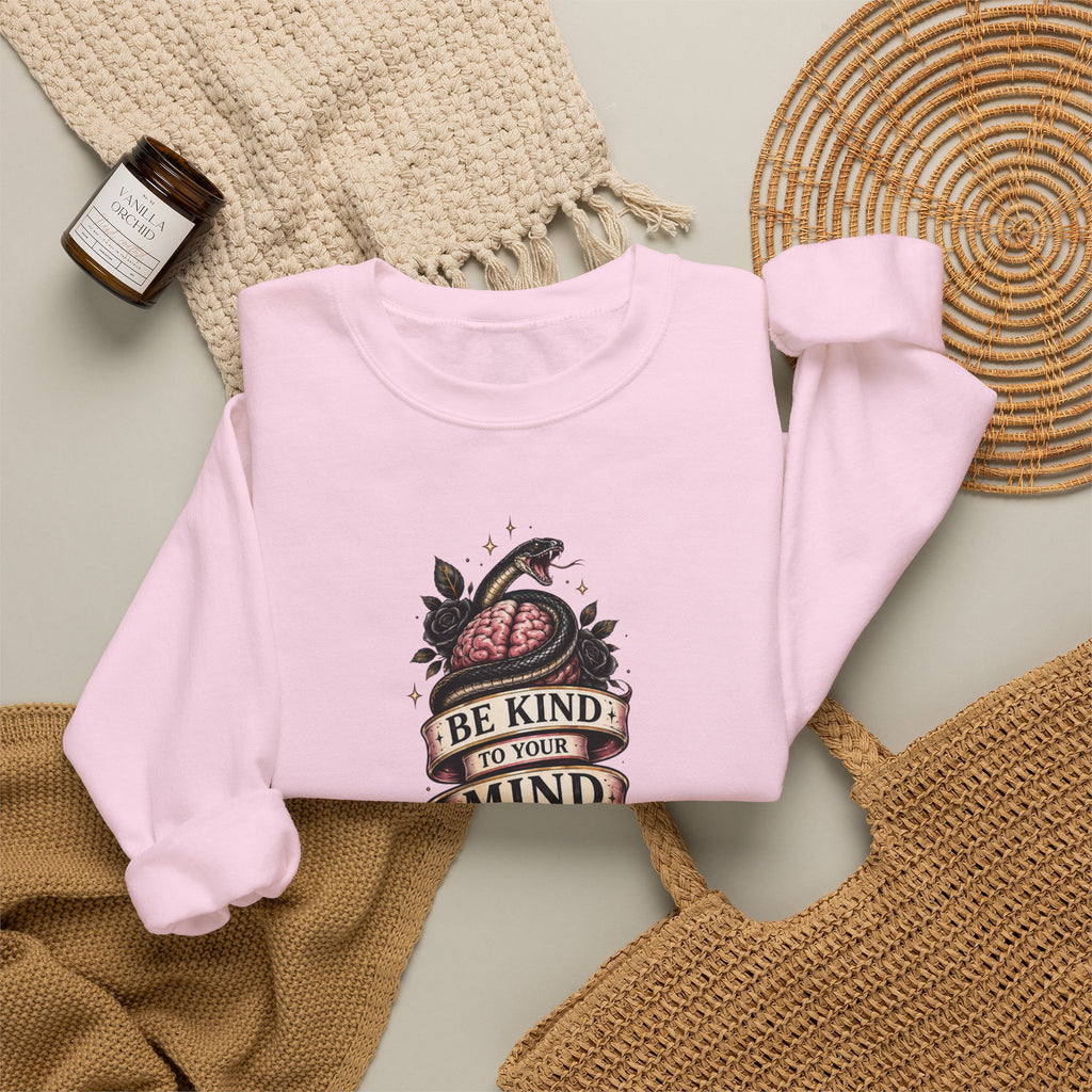 "Be Kind to Your Mind" Floral Tattoo Mental Health Design Crewneck Sweatshirt
