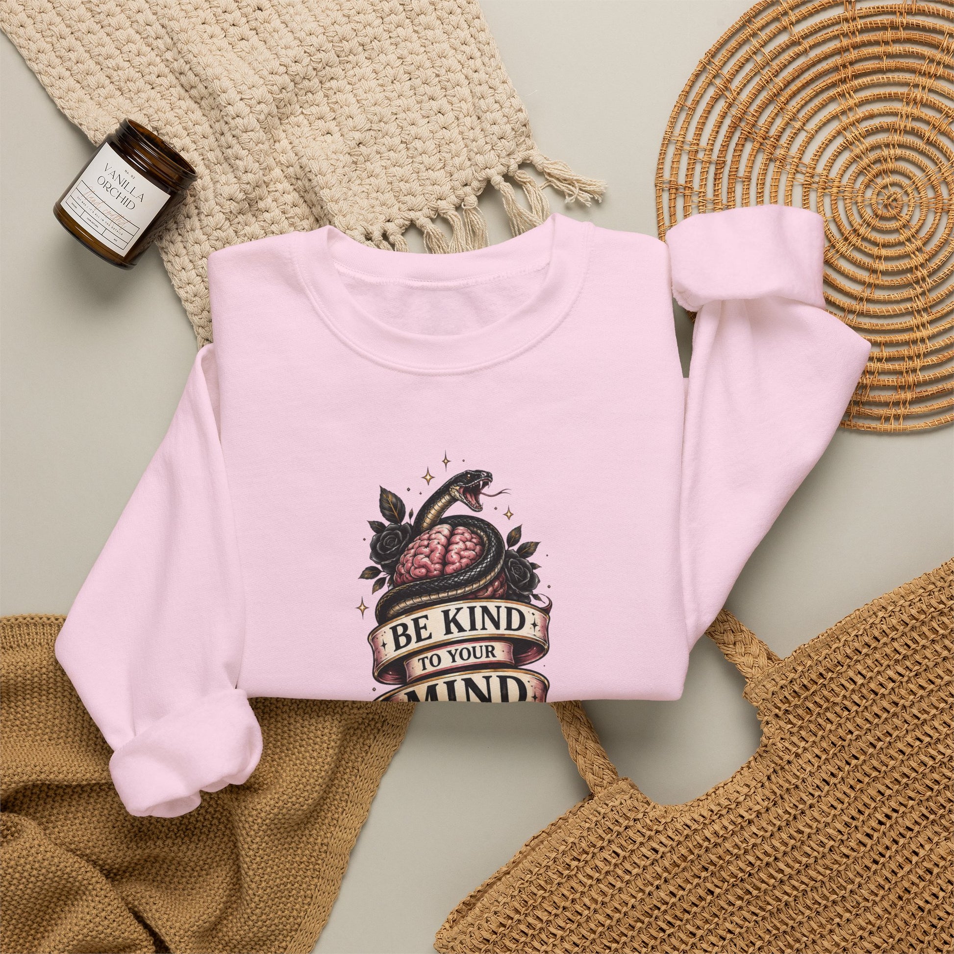 "Be Kind to Your Mind" Floral Tattoo Mental Health Design Crewneck Sweatshirt