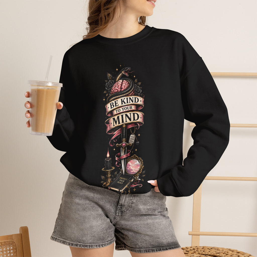 "Be Kind to Your Mind" Floral Tattoo Mental Health Design Crewneck Sweatshirt