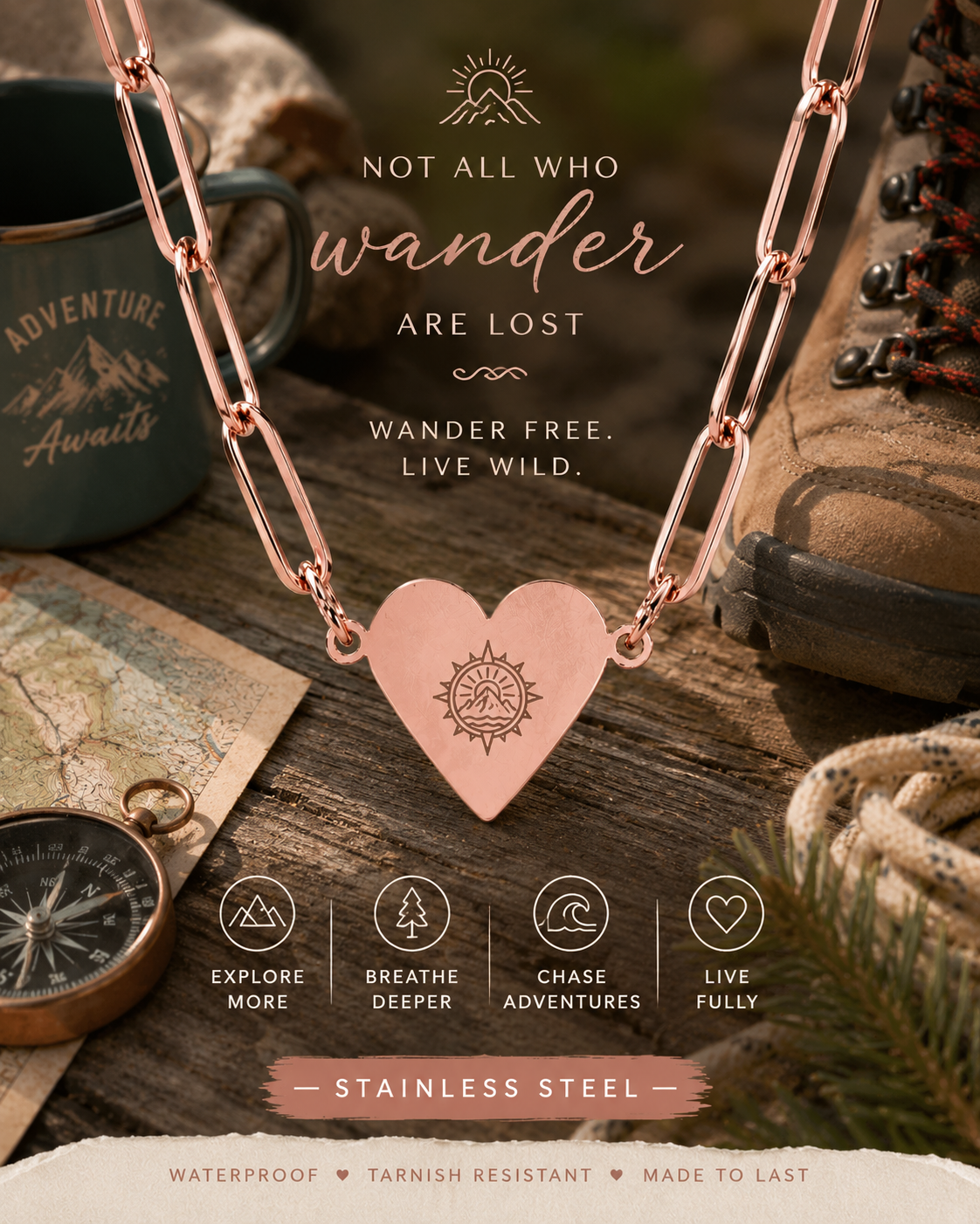 Wander Without Fear Paperclip Heart Necklace – Wanderlust Gift, Travel Lover Necklace, Ocean Inspired Jewellery, Adventure Heart Pendant, Gold, Rose Gold & Silver
