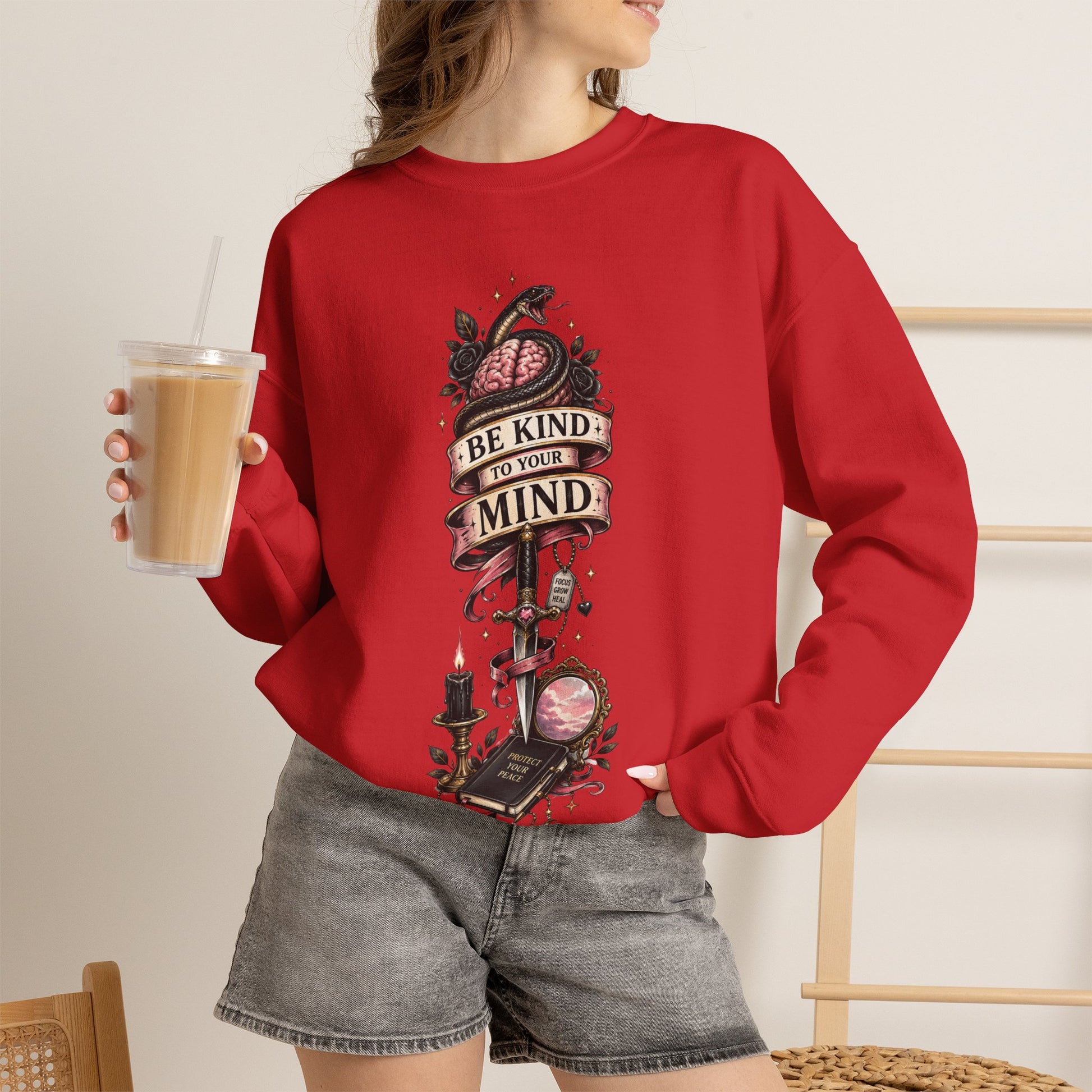 "Be Kind to Your Mind" Floral Tattoo Mental Health Design Crewneck Sweatshirt