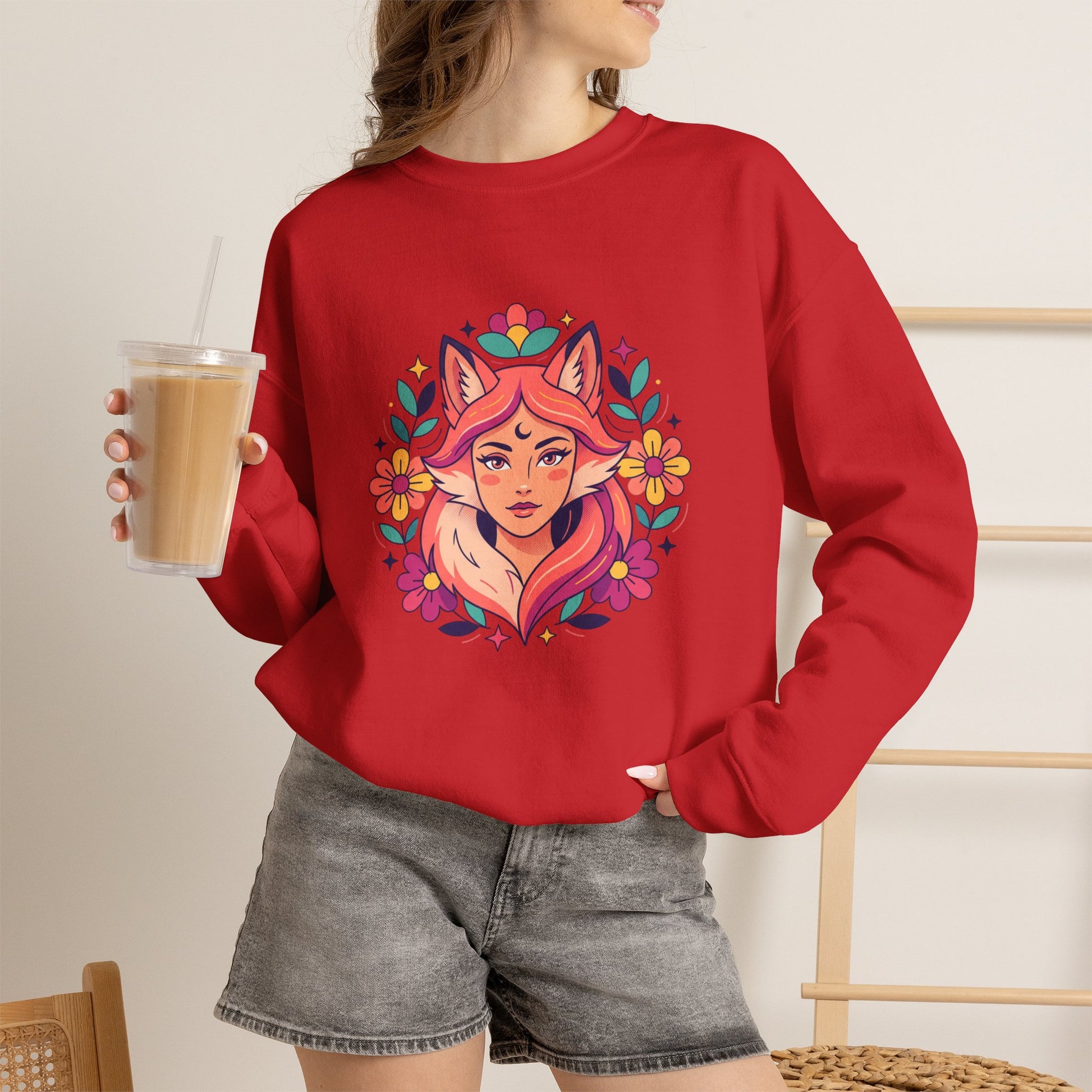 Fox Spirit Crewneck Sweatshirt — Floral Fox Woman Illustration