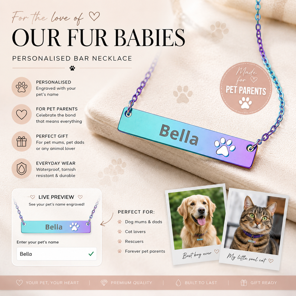Personalised Pet Name Bar Necklace – Custom Dog & Cat Memorial Necklace, Paw Print Engraved Nameplate, Rose Gold Pet Lover Gift