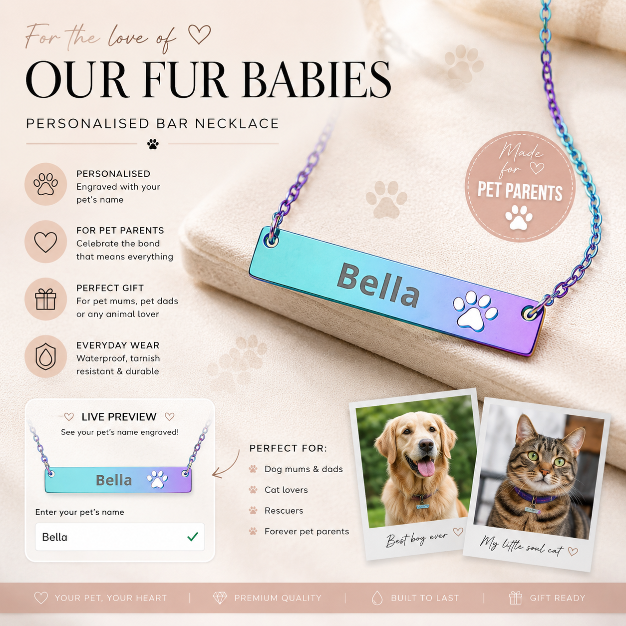Personalised Pet Name Bar Necklace – Custom Dog & Cat Memorial Necklace, Paw Print Engraved Nameplate, Rose Gold Pet Lover Gift