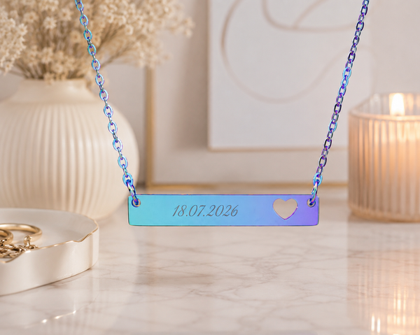Personalised Cutout Heart Bar Necklace – Custom Name, Date or Message Engraved Necklace | Minimalist Gift for Her