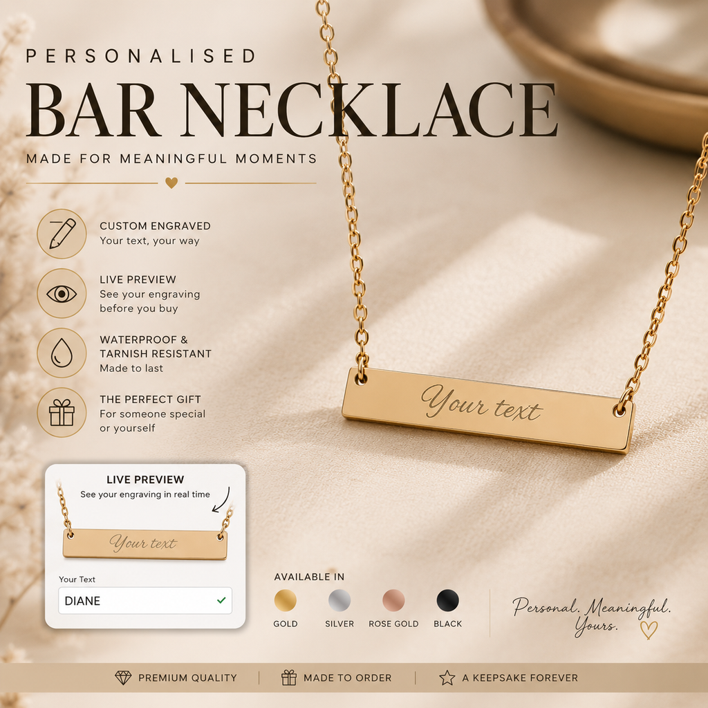 Personalised Horizontal Bar Necklace – Live Preview Custom Name Necklace | Engraved Nameplate Gift in Gold, Silver, Rose Gold & Black