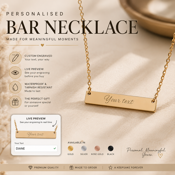 Personalised Horizontal Bar Necklace – Live Preview Custom Name Necklace | Engraved Nameplate Gift in Gold, Silver, Rose Gold & Black