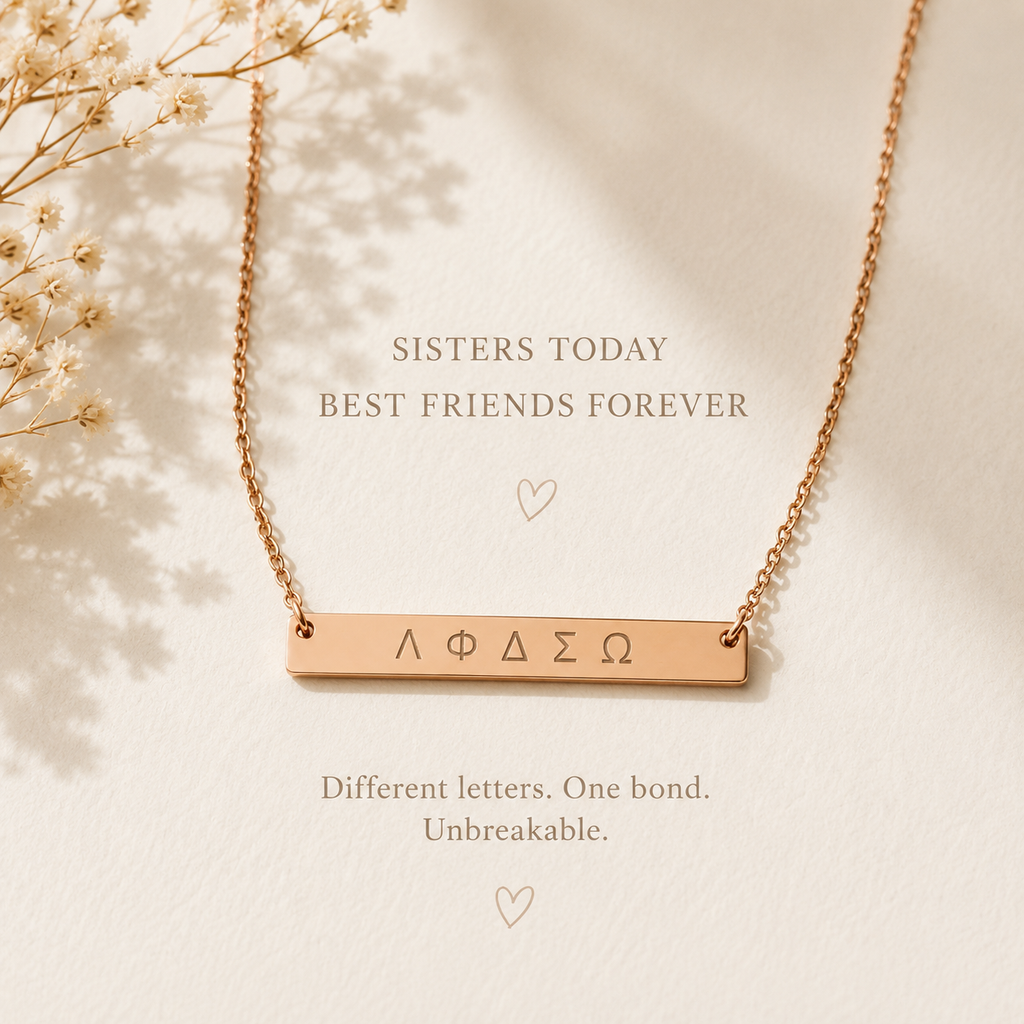 Greek Letters Bar Necklace – Sisterhood &amp; Friendship Gift | Minimalist Sorority Jewellery