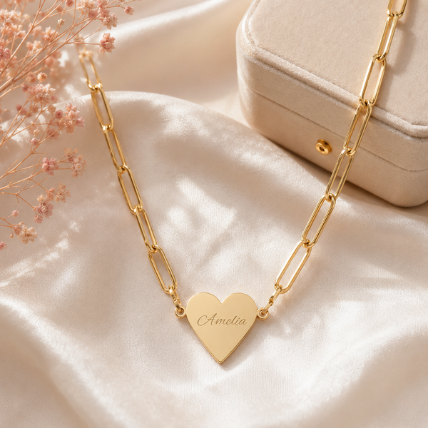 Personalised Heart Necklace - Custom Engraved Paperclip Chain
