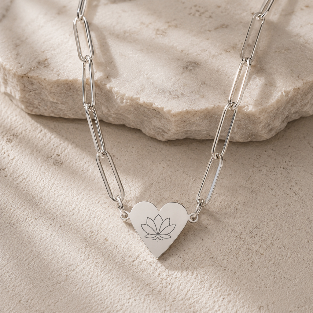 Paperclip Heart Necklace – Engraved Lotus Pendant | Minimalist Gold, Silver, Rose Gold Jewelry