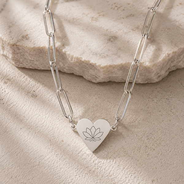 Paperclip Heart Necklace – Engraved Lotus Pendant | Minimalist Gold, Silver, Rose Gold Jewelry