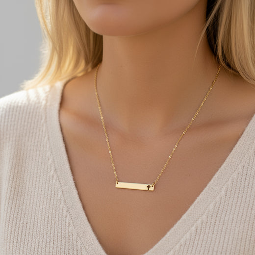 Personalised Cross Bar Necklace – Custom Christian Name, Bible Verse or Faith Message | Engraved Cross Necklace Gift