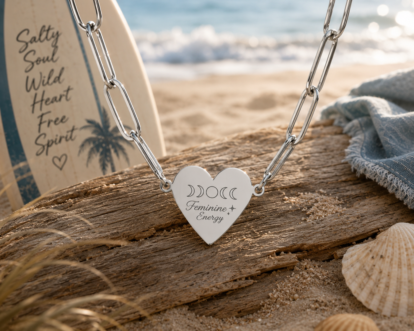 Feminine Energy Paperclip Heart Necklace – Moon Phase Necklace, Celestial Jewellery, Spiritual Gift, Divine Feminine Pendant, Gold, Rose Gold & Silver