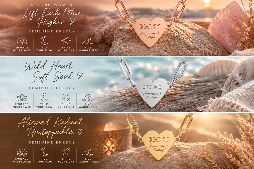 Feminine Energy Paperclip Heart Necklace – Moon Phase Necklace, Celestial Jewellery, Spiritual Gift, Divine Feminine Pendant, Gold, Rose Gold & Silver