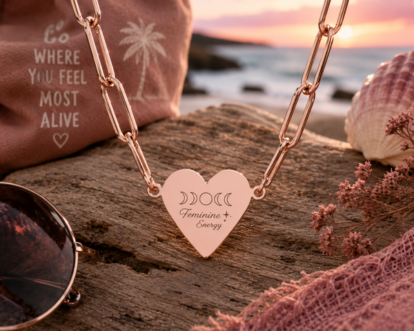 Feminine Energy Paperclip Heart Necklace – Moon Phase Necklace, Celestial Jewellery, Spiritual Gift, Divine Feminine Pendant, Gold, Rose Gold & Silver