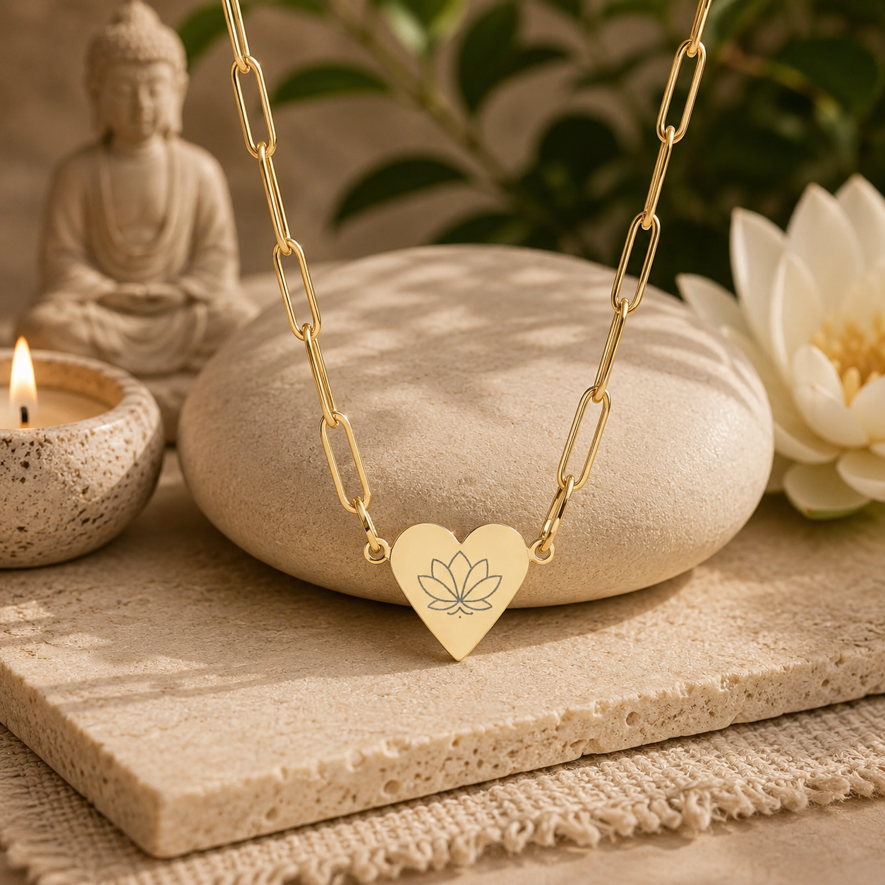 Paperclip Heart Necklace – Engraved Lotus Pendant | Minimalist Gold, Silver, Rose Gold Jewelry