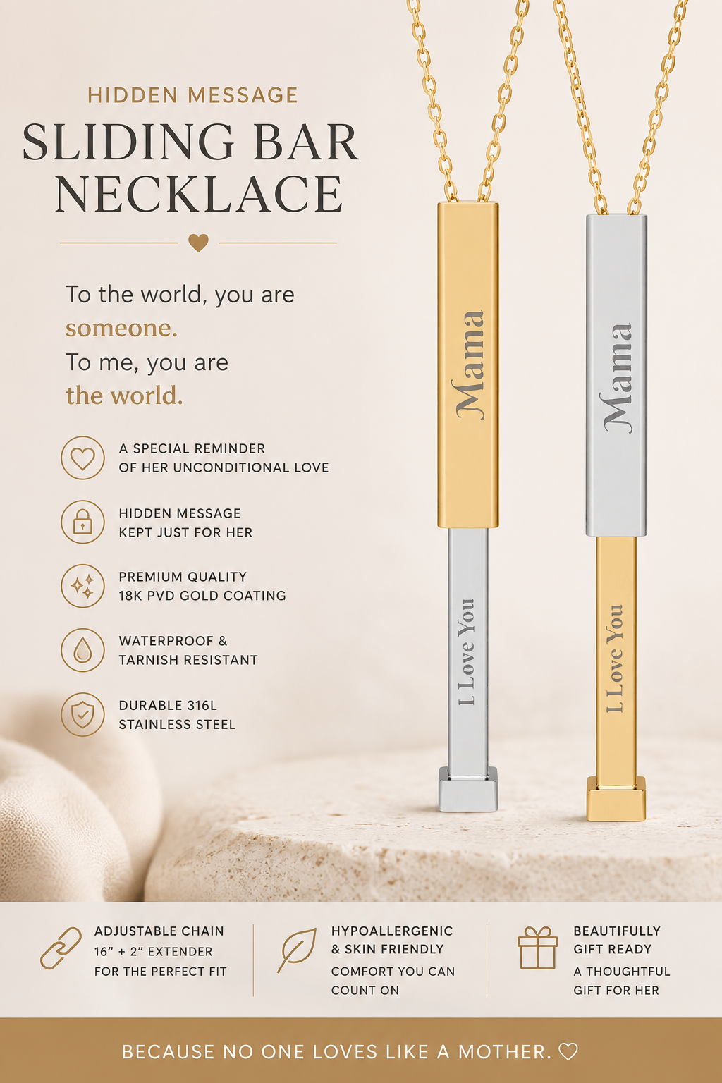 Mama Hidden Message Necklace – I Love You - Sliding Bar Pendant with Secret Engraving | Mother’s Day Gift for Mum