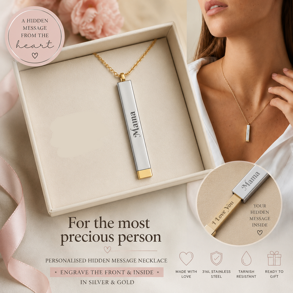 Mama Hidden Message Necklace – I Love You - Sliding Bar Pendant with Secret Engraving | Mother’s Day Gift for Mum