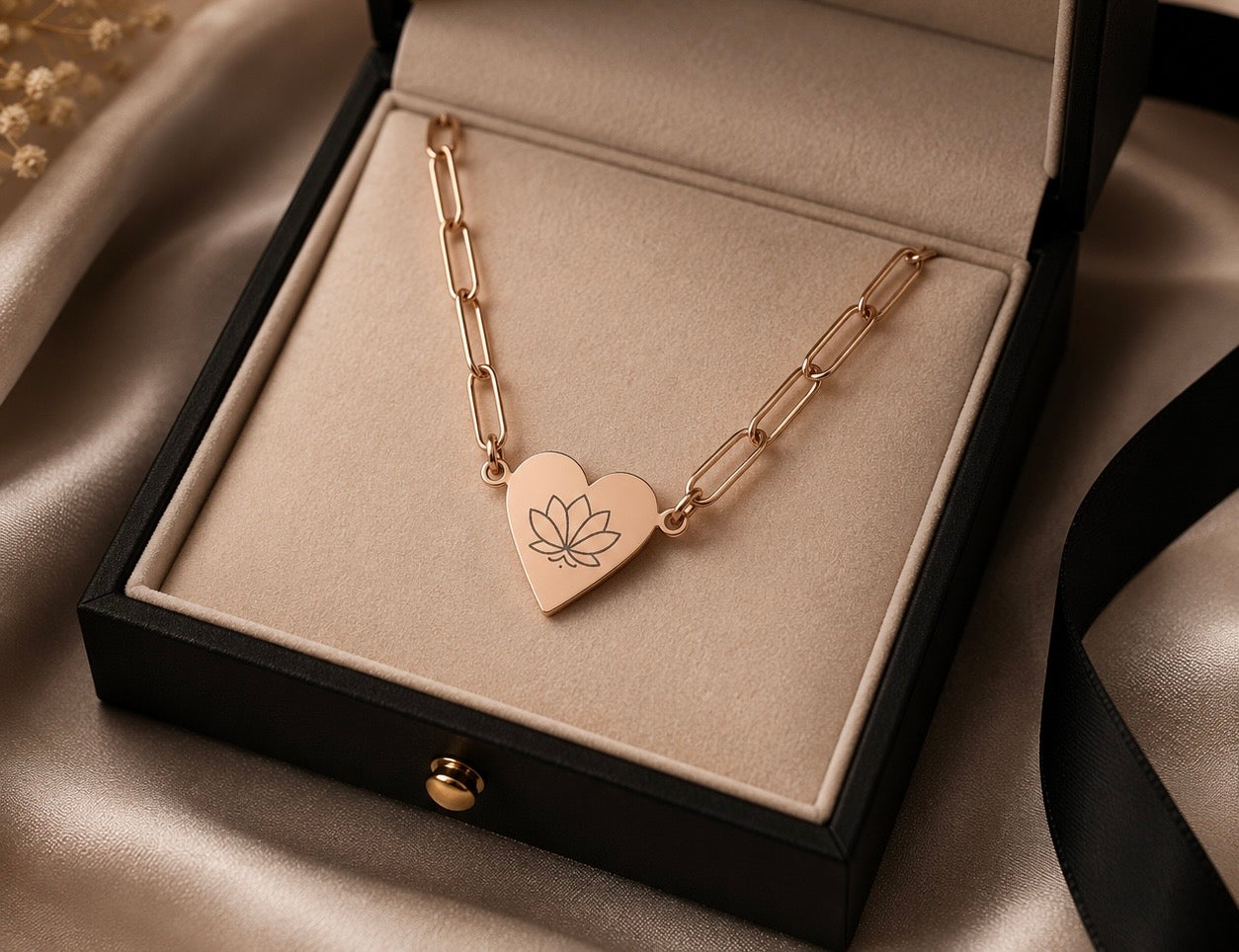 Paperclip Heart Necklace – Engraved Lotus Pendant | Minimalist Gold, Silver, Rose Gold Jewelry